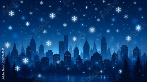 Blue night city skyline with falling snowflakes and glowing urban buildings.