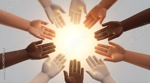 Diverse hands reaching toward central light circle.