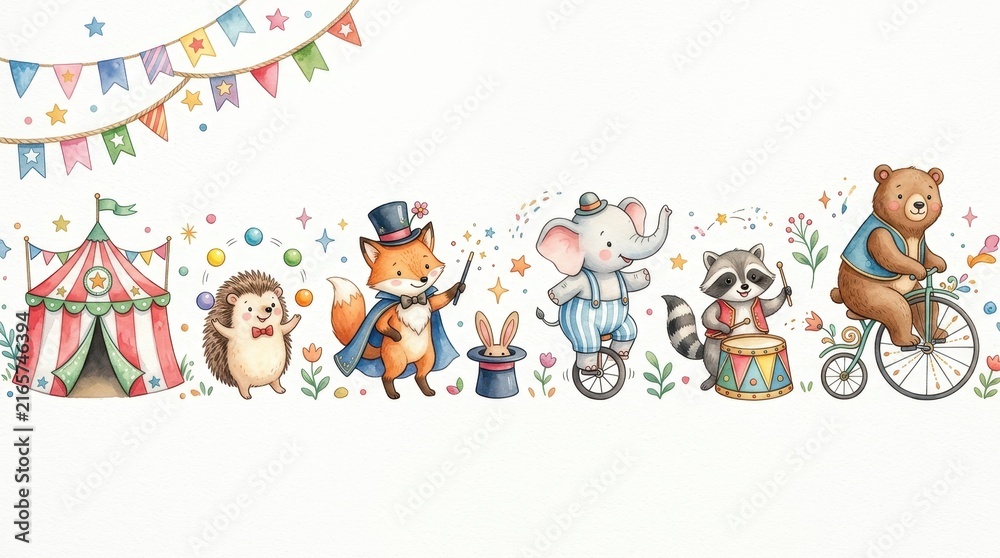 Fototapeta premium Whimsical Watercolor Circus Animals Illustration Featuring Fox Magician, Elephant on Unicycle, and Bear on Bicycle
