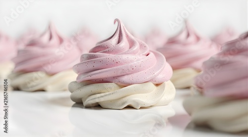 Pink and white swirled meringue cookies on white surface.