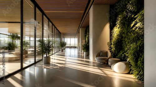 Modern sunlit hallway with vertical garden and glass walls.