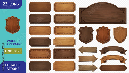 Set of wooden signboards shield emblems directional arrows and curved wood banners