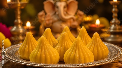 Yellow modak sweets on silver plate before Ganesha idol and lit lamps.