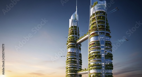 Sustainable green skyscrapers, connected by a skybridge, showcase innovative urban architecture against a clear.