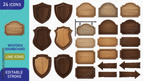 Variety of 24 wooden signboards, including shields, arched shapes, and a hanging sign with ornate details, perfect for creating vintage-themed graphics.