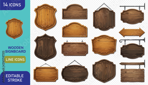 Set of 14 realistic blank wooden signboards and shields in various shapes, perfect for rustic design elements and customizable text, isolated on a transparent background.