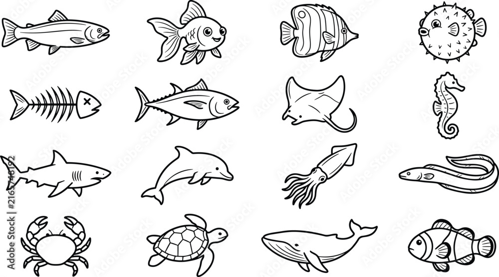 Obraz premium Cute Marine Life and Sea Creatures Line Icon Vector Set with Shark, Whale, Dolphin, Sea Turtle, Crab, Seahorse, and Tropical Fish Symbols for Children Educational Designs