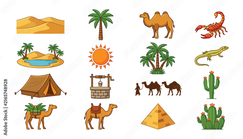 Fototapeta premium Desert Icon Vector Set with Dunes Camels Palm Trees Oasis Tent Sun Water Well Pyramid Scorpion and Cactus Cartoon Illustration Elements