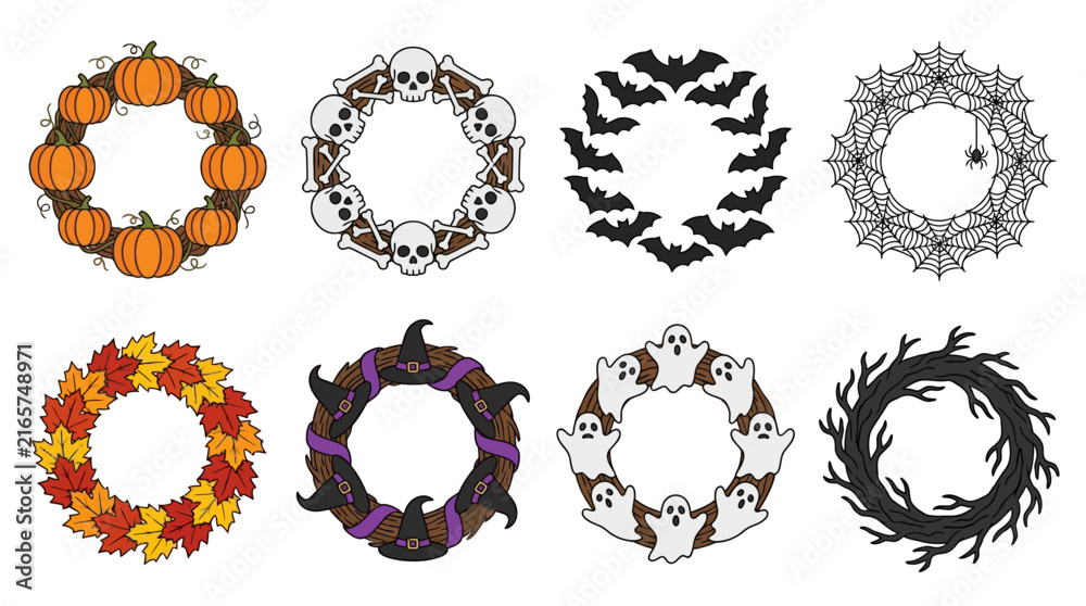 Fototapeta premium Collection of various decorative Halloween wreaths.