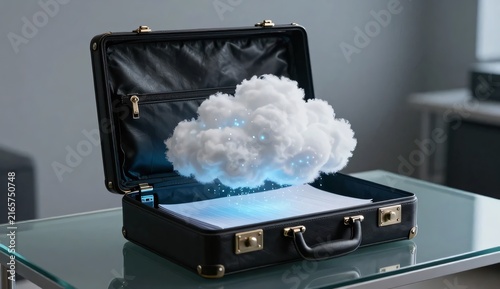 Open Executive Briefcase Containing a Glowing Digital Cloud, Cloud Computing Concept
