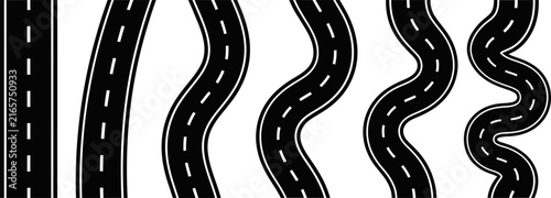 Winding road vector set with asphalt highway paths. Curved street icons for navigation maps. Black roadway collection with white markings.