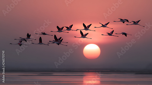 Flock of flamingos flying over a spectacular partial solar eclipse sunset at Albufera