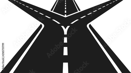 Road fork with three paths, asphalt highway splitting in different directions, choice and decision concept vector illustration
