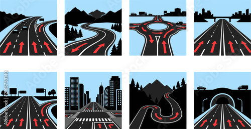 Road infrastructure vector icons set, highway and city street navigation symbols, 8 flat asphalt traffic route illustrations