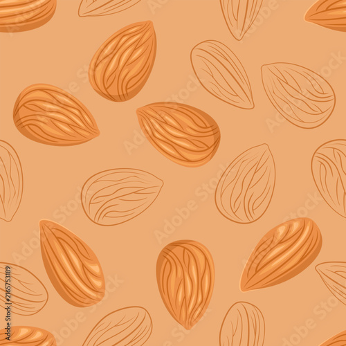 Almond nuts seamless pattern, vector background.