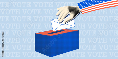 Foto Vote ballot box collage with blue, red and white colors, halftone envelope, hand