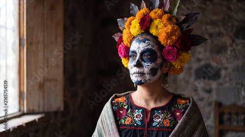 Woman with Day of the Dead face makeup and floral crown