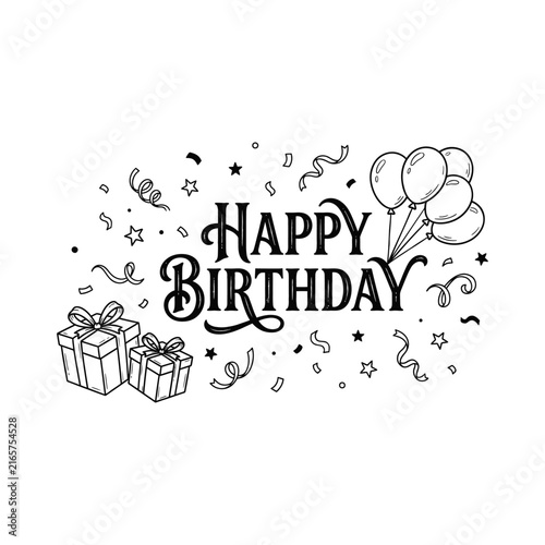 Photography Hand drawn happy birthday greeting card design featuring gifts balloons and conf