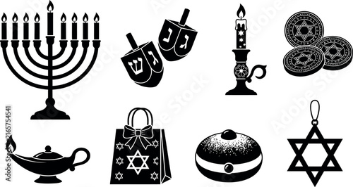 A diverse collection of traditional hanukkah symbols such as a menorah a dreidel and the iconic star of david beautifully isolated on a clear transparent