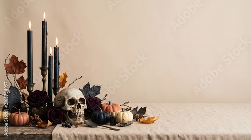 Elegant Halloween Still Life Background with Pumpkins and Copy Space