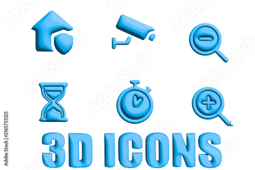 3D blue business icons set with home, security, time, and search symbols for digital design