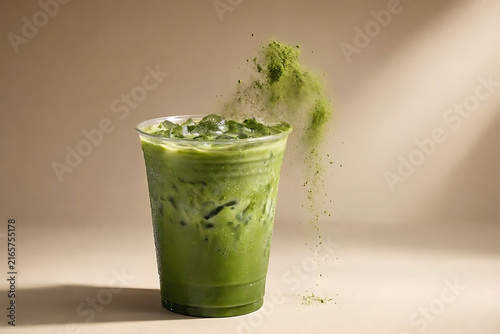 A vibrant, refreshing matcha latte being prepared with a generous sprinkle of powdered green tea, capturing the essence of a healthy beverage