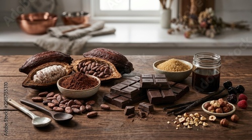 Chocolate bars with raw cacao pods, dark cocoa powder in bowl, sweet vanilla beans, brown sugar, organic hazelnuts on rustic wooden kitchen table, natural confectionery ingredients.