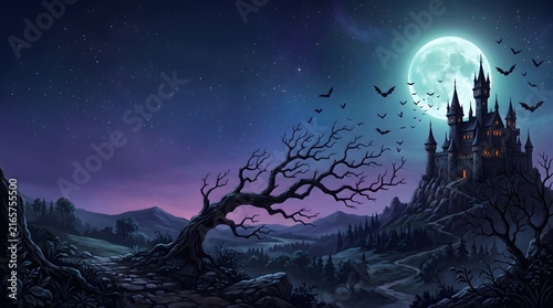 Halloween Haunted Castle Night Landscape with Copy Space