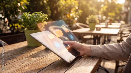 Hand touching tablet screen with digital folder and document icons at outdoor cafe, mobile technology and cloud storage concept