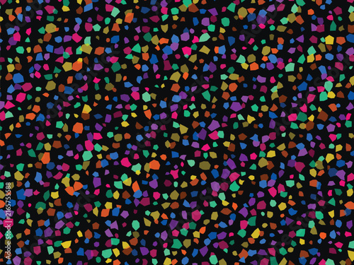Colorful mosaic pattern with random geometric pebble shapes on black background for modern print.