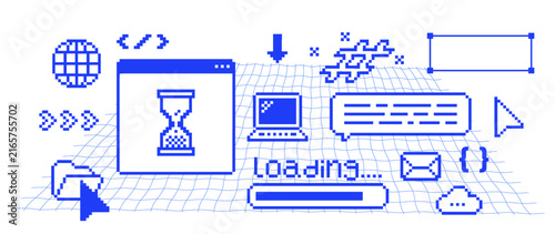 Retro pixel art web development interface with browser window, laptop, globe, code symbols, loading bar, cursor and message elements for websites, apps and digital technology. Vector illustration