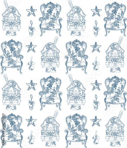 Vintage blue New Year's pattern on a transparent background, suitable for packaging, paper, fabric, and wallpaper.