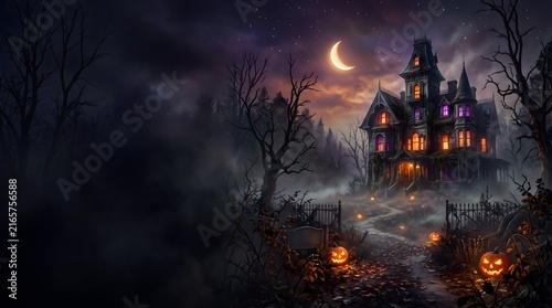 Spooky Haunted House Halloween Background with Copy Space