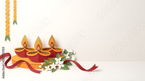 Diwali diya oil lamps, paper cut style festival background, floral celebration