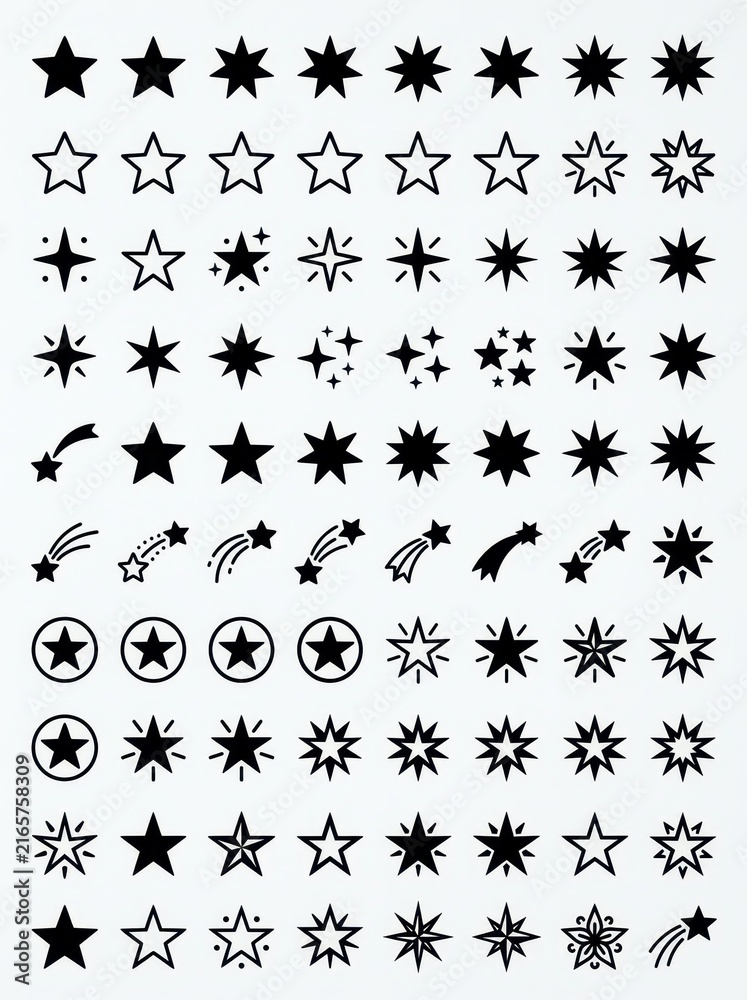Fototapeta premium Large Collection of Black Star Icons and Sparkle Symbols on White Background for Graphic Design and UI Projects