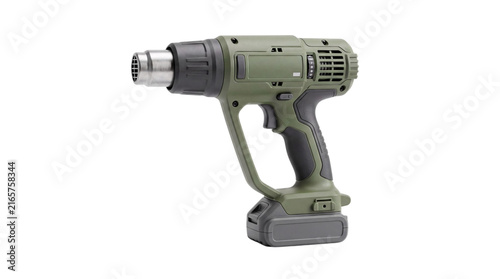 Foto Olive green cordless heat gun with battery pack and nozzle isolated on png trans