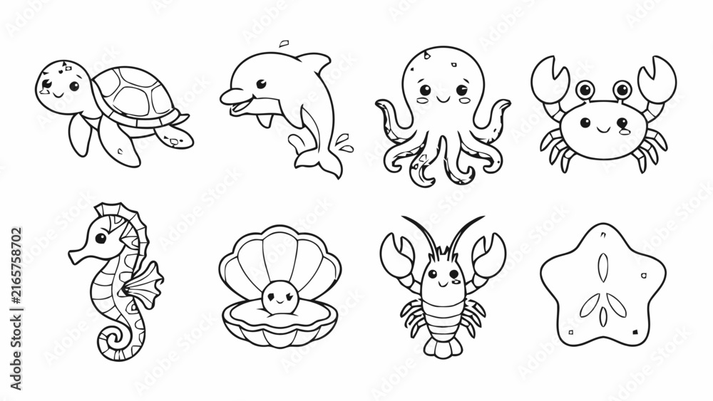 Obraz premium Sea Animals Doodle Set, Hand Drawn Ocean Creatures Collection