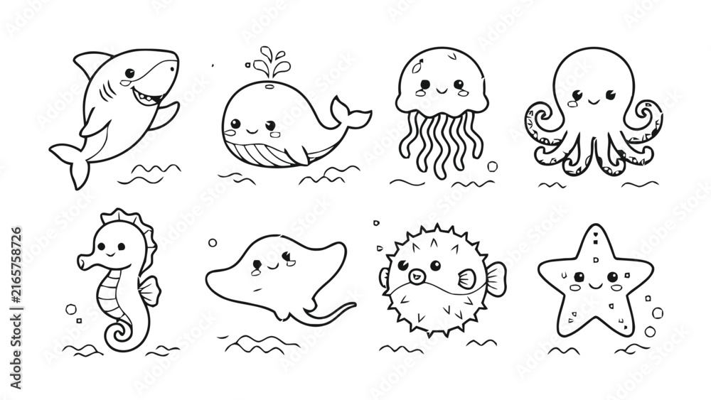 Fototapeta premium Sea Animals Doodle Set, Hand Drawn Ocean Creatures Collection