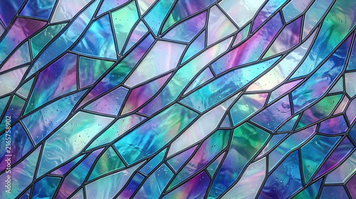 Abstract stained glass pattern with blue and purple geometric shapes