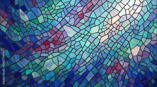 Abstract blue mosaic pattern with geometric pixel squares and vibrant light glow effect