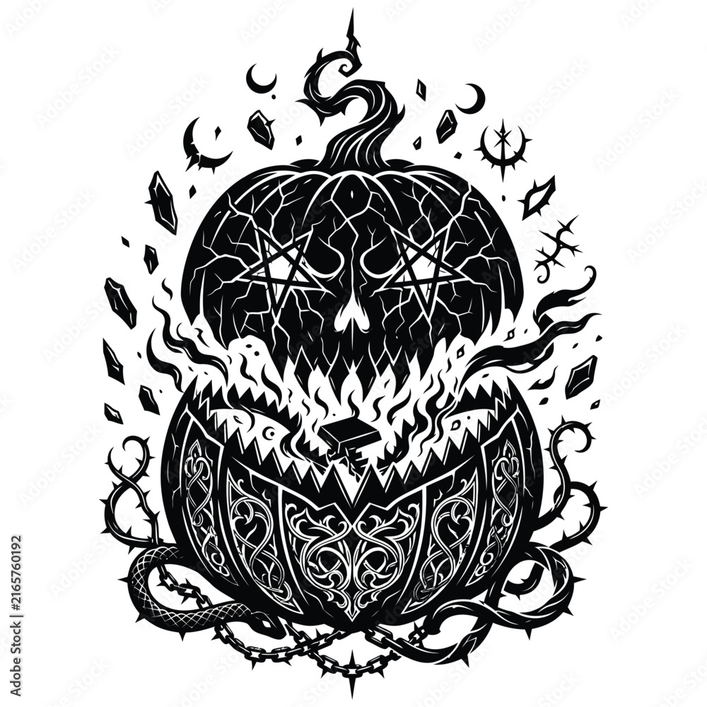 Fototapeta premium Demonic Halloween Pumpkin Monster with Pentagram Eyes and Snake Vector Line Art