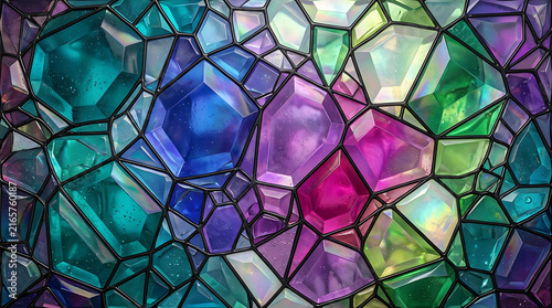 Colorful mosaic pattern of shiny gemstones and crystals in various bright jewel tones