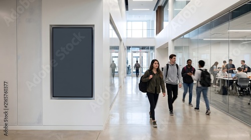 Diverse students walking through a modern university campus hallway with a blank poster frame.