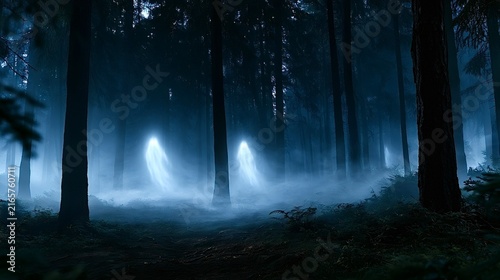 Ghostly spirits emerging in a dark haunted forest