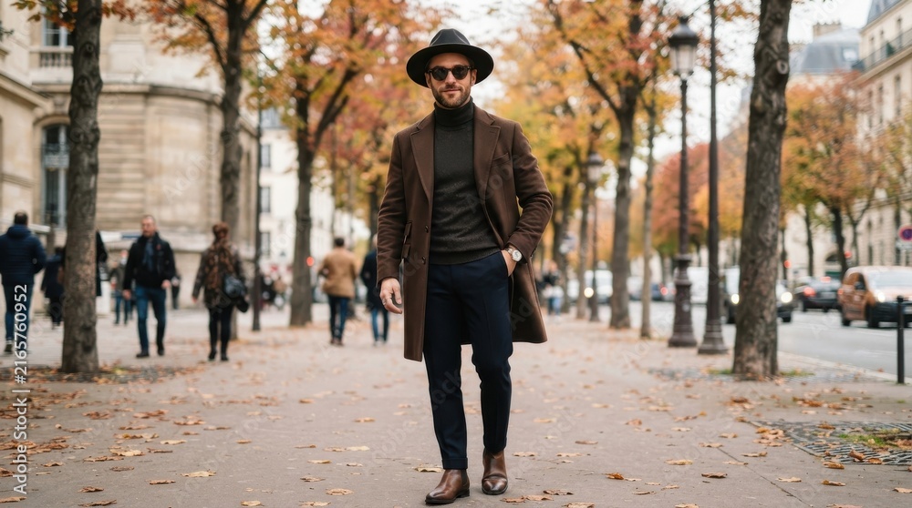Obraz premium Stylish man in brown coat and fedora walking on autumn city street