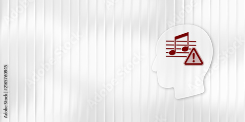 Fotografie Graphic illustration of a human head containing musical notes and a warning sign, representing an annoying earworm, mental fatigue, or psychological stress from catchy songs