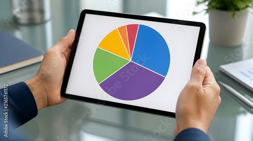Hands Holding Digital Tablet Displaying Colorful Pie Chart