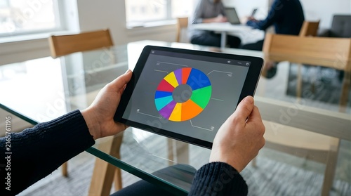Hands Holding Digital Tablet with Colorful Pie Chart Data