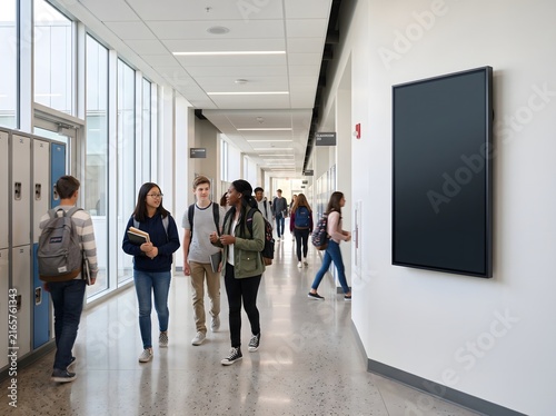 Group of diverse high school students walking through a bright modern school hallway with lockers.