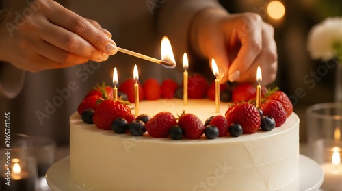 Woman Lighting Birthday Candles on a Berry Cake